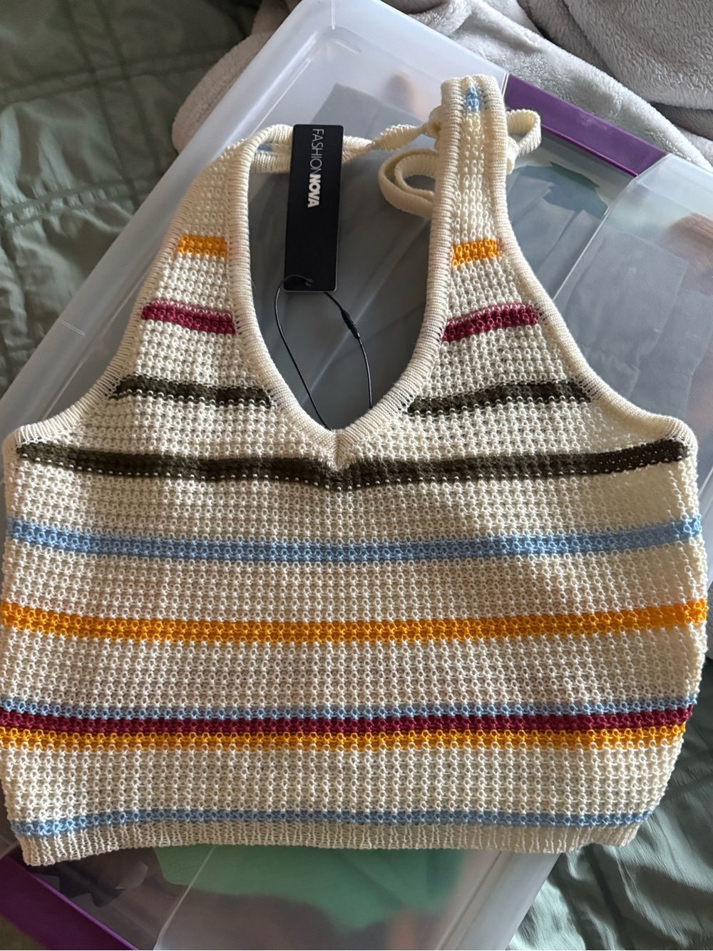 FASHION NOVA Cream Knit Striped Tank